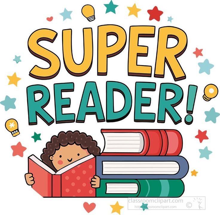 A cute sticker featuring a young child happily reading books with a Super Reader message and decorative stars